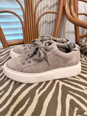 Vince Gray Suede Platform Sneakers with Patterned Heel